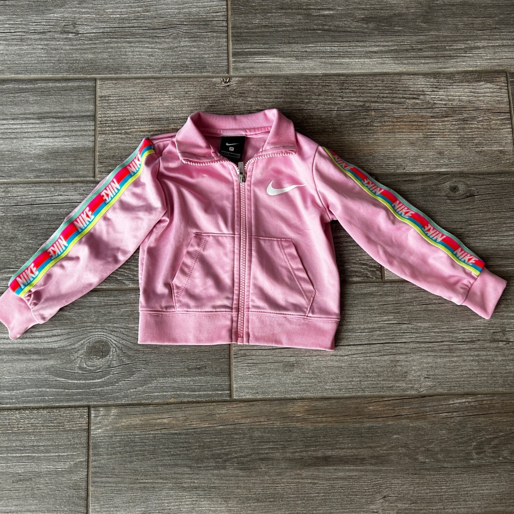 Nike Track Jacket Pink Full Zip Multicolor Logo Tape Sleeve Toddler Girl Size 2T
